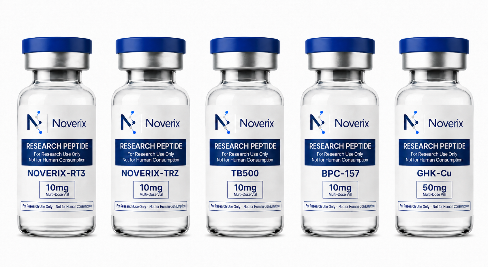 Noverix research peptide vials lineup